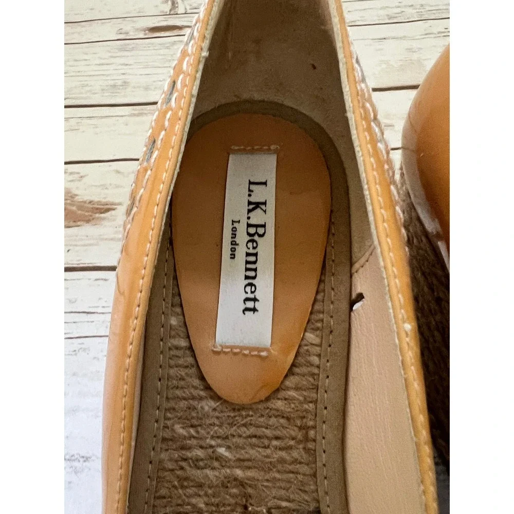 LK Bennett Espadrille Wedges Tan Patent Leather Brogue Detail EU 36 US 6